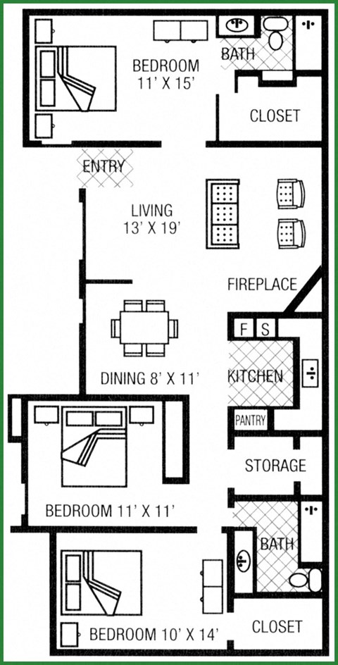 Floor plan for 3 beds, 2 baths, 1200 sqft